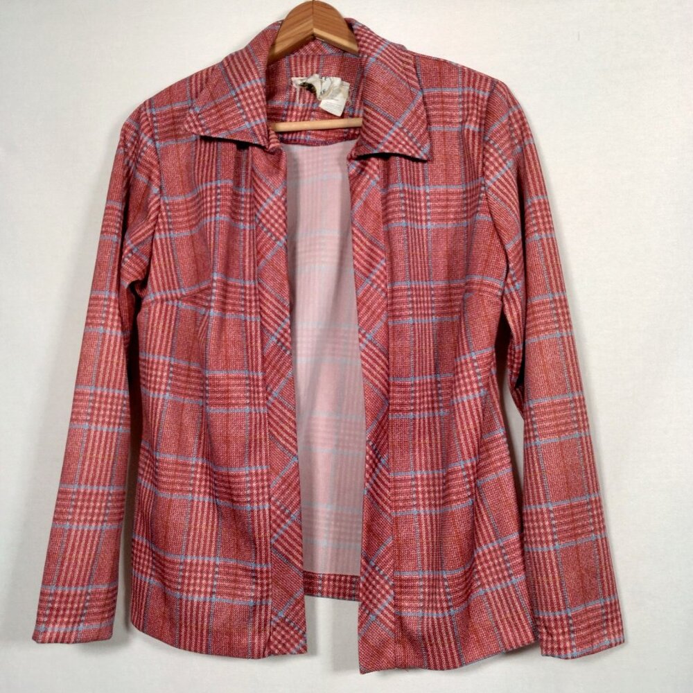 Vintage 1970s Liberty Circle Blouse Size 12 Open Front Shirt Red Plaid Academia